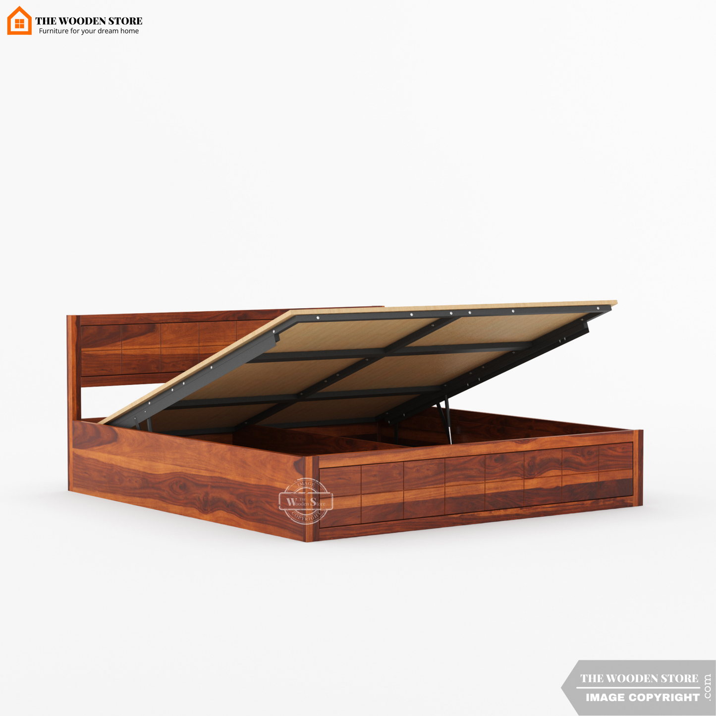 Bricks Hydraulic Bed With Storage (King Size, Honey Finish)