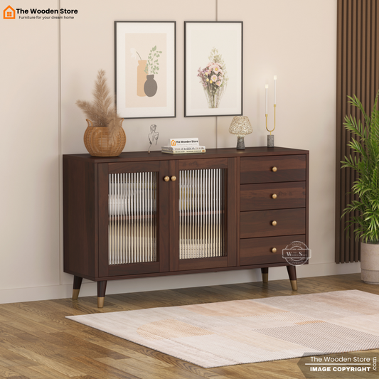 Zosia Kitchen Cabinet with Fluted Glass & Drawer Storage (Walnut Finish)