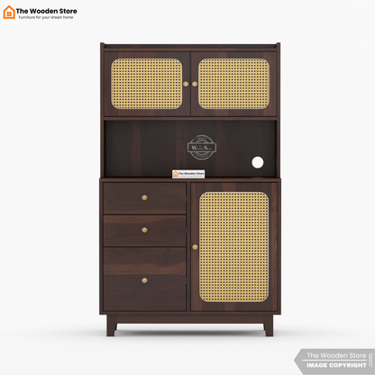 Safura Kitchen Cabinet with Cane Detailing (Walnut Finish)