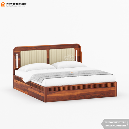 Liam Upholstered Bed with Drawer Storage (King Size, Honey Finish)