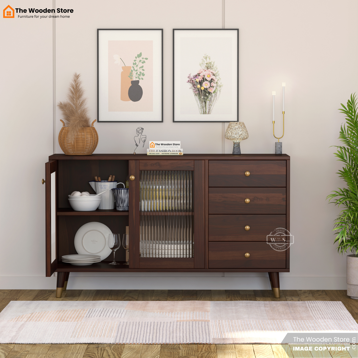 Zosia Kitchen Cabinet with Fluted Glass & Drawer Storage (Walnut Finish)