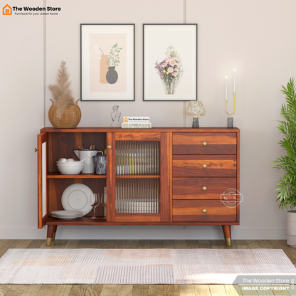 Zosia Kitchen Cabinet with Fluted Glass & Drawer Storage (Honey Finish)