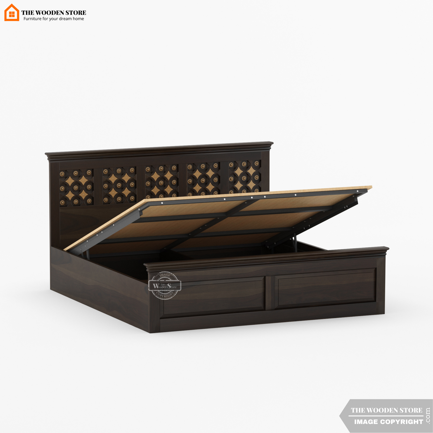 Indi Brass Hydraulic Bed With Storage (Queen Size, Walnut Finish)