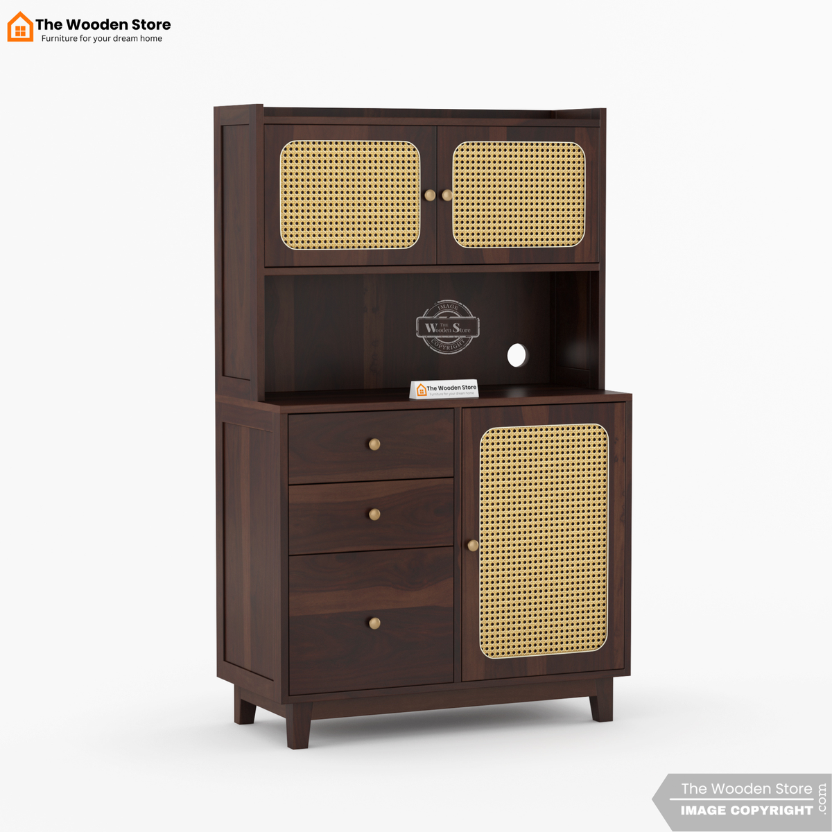 Safura Kitchen Cabinet with Cane Detailing (Walnut Finish)