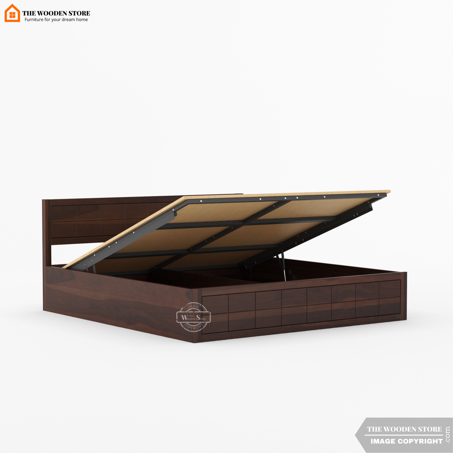 Bricks Hydraulic Bed With Storage (Queen Size, Walnut Finish)
