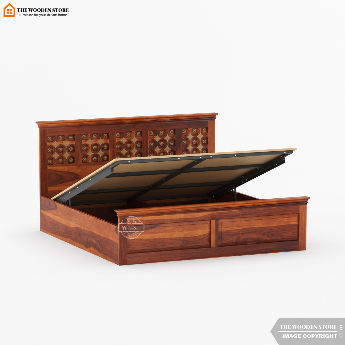 Indi Brass Hydraulic Bed With Storage (Queen Size, Honey Finish)