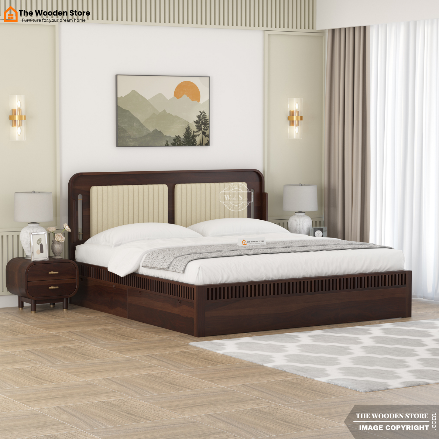 Liam Upholstered Bed with Drawer Storage (Queen Size, Walnut Finish)