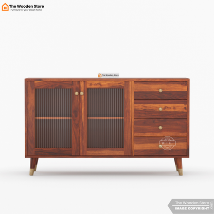 Zosia Kitchen Cabinet with Fluted Glass & Drawer Storage (Honey Finish)