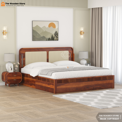 Liam Upholstered Bed with Drawer Storage (King Size, Honey Finish)
