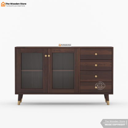 Zosia Kitchen Cabinet with Fluted Glass & Drawer Storage (Walnut Finish)