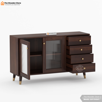 Zosia Kitchen Cabinet with Fluted Glass & Drawer Storage (Walnut Finish)