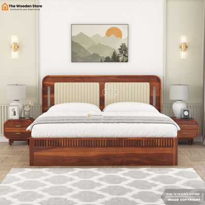 Liam Upholstered Bed with Drawer Storage (King Size, Honey Finish)