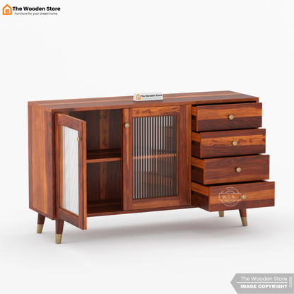 Zosia Kitchen Cabinet with Fluted Glass & Drawer Storage (Honey Finish)