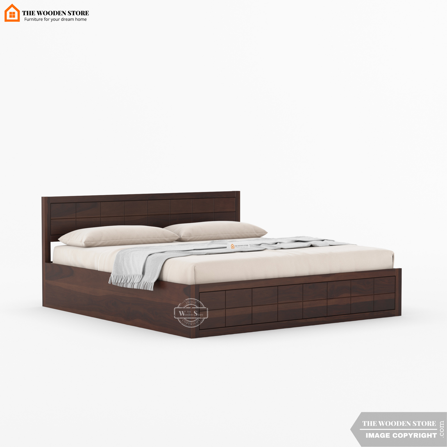 Bricks Hydraulic Bed With Storage (Queen Size, Walnut Finish)