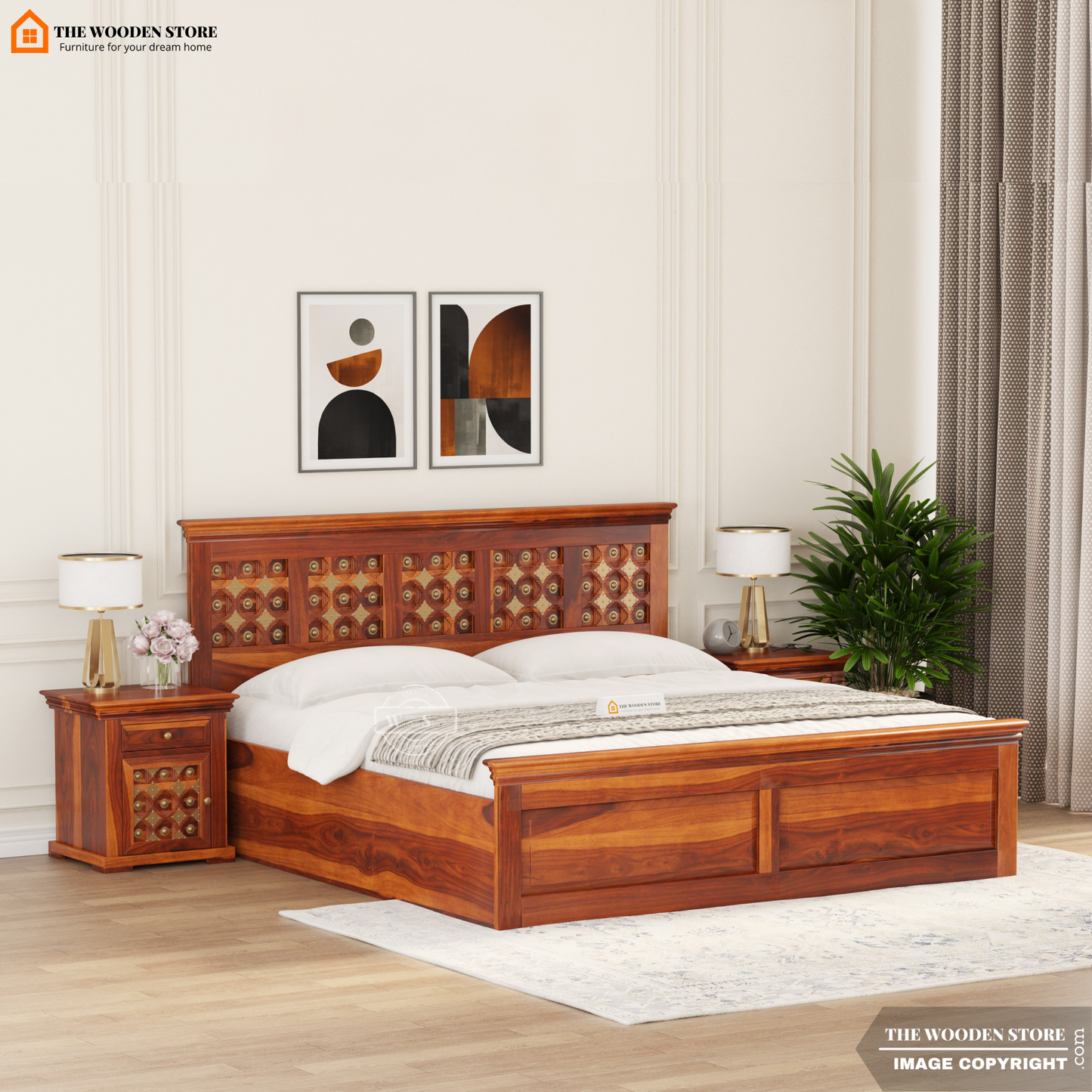 Indi Brass Hydraulic Bed With Storage (Queen Size, Honey Finish)