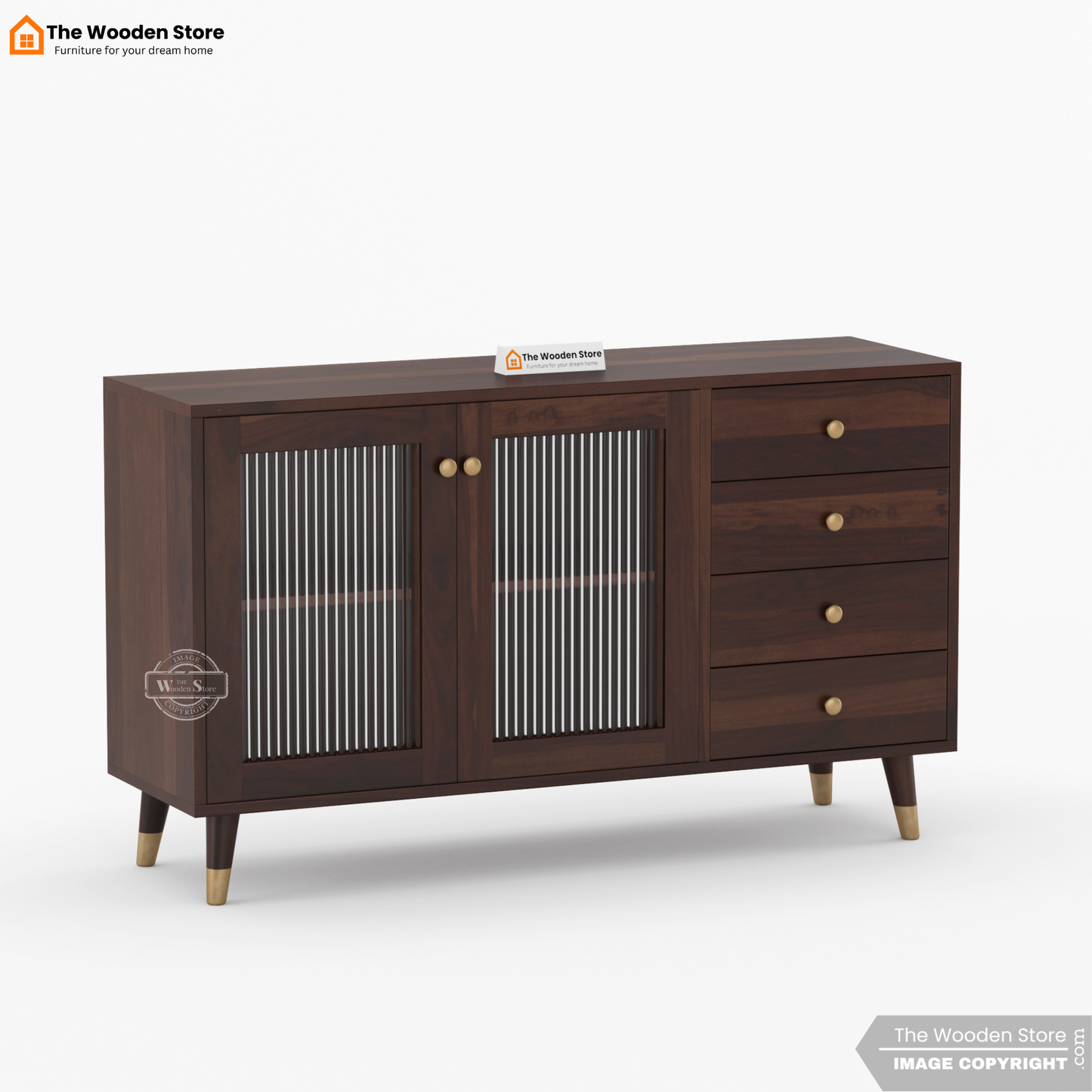 Zosia Kitchen Cabinet with Fluted Glass & Drawer Storage (Walnut Finish)