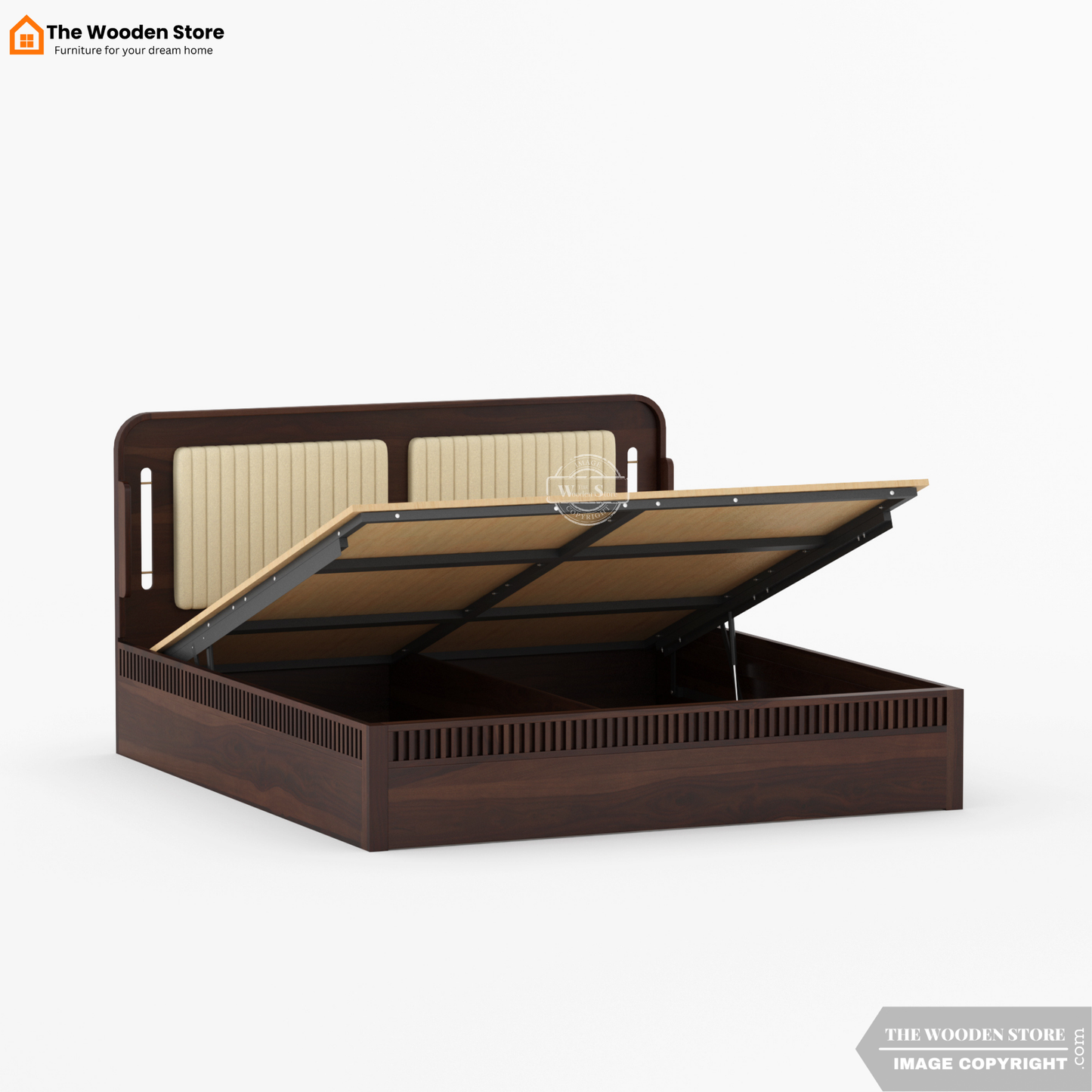 Liam Upholstered Hydraulic Bed With Storage (King Size, Walnut Finish)