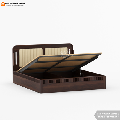 Liam Upholstered Hydraulic Bed With Storage (King Size, Walnut Finish)