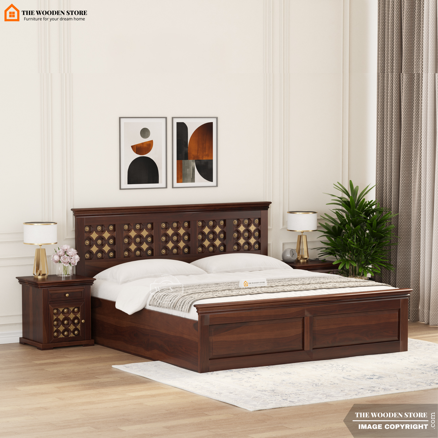 Indi Brass Hydraulic Bed With Storage (Queen Size, Walnut Finish)