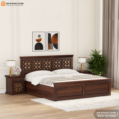 Indi Brass Hydraulic Bed With Storage (Queen Size, Walnut Finish)