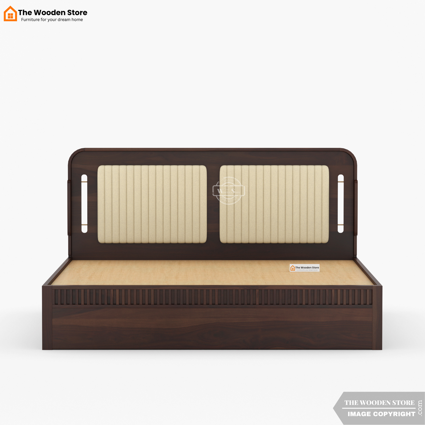 Liam Upholstered Hydraulic Bed With Storage (King Size, Walnut Finish)