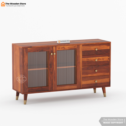 Zosia Kitchen Cabinet with Fluted Glass & Drawer Storage (Honey Finish)