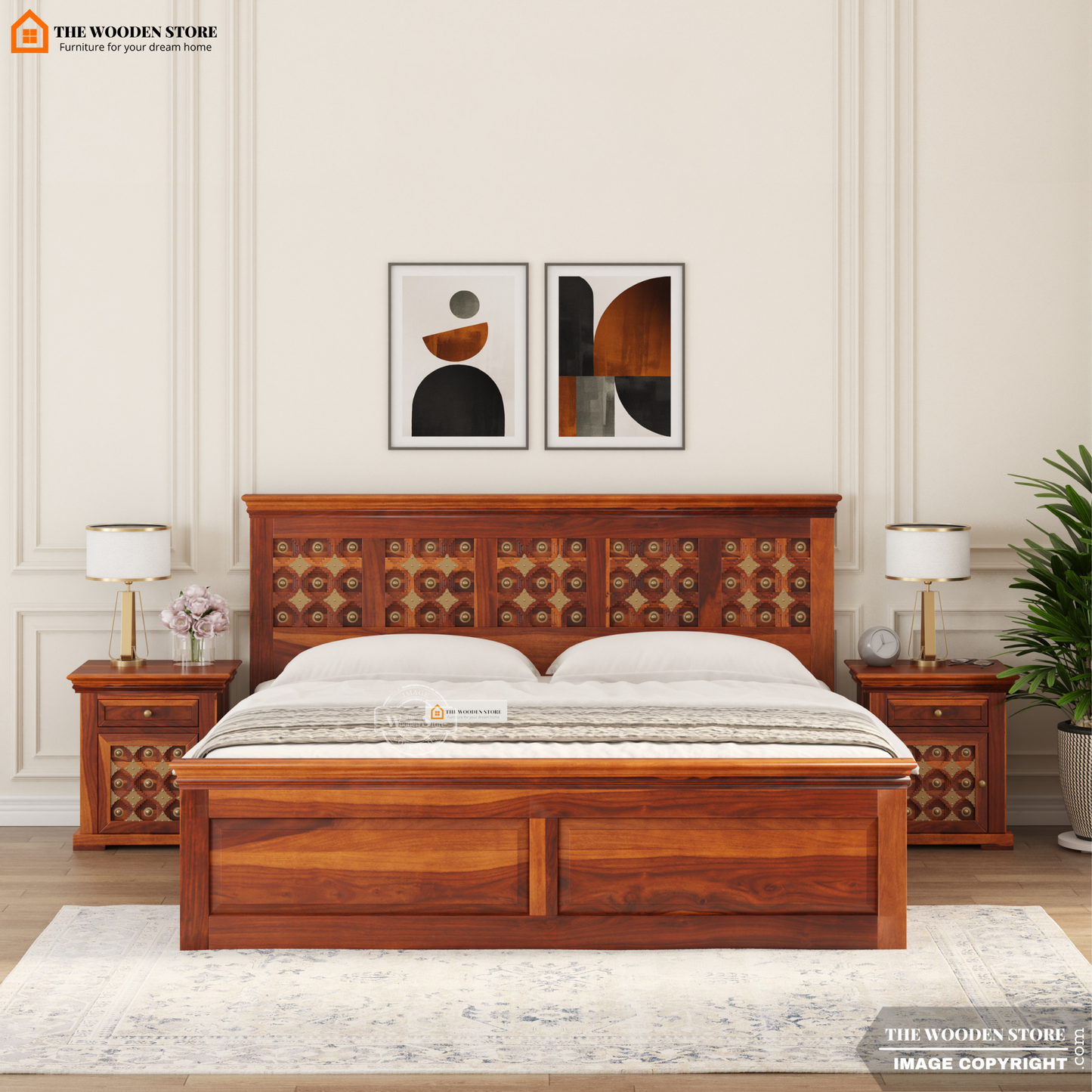 Indi Brass Hydraulic Bed With Storage (Queen Size, Honey Finish)