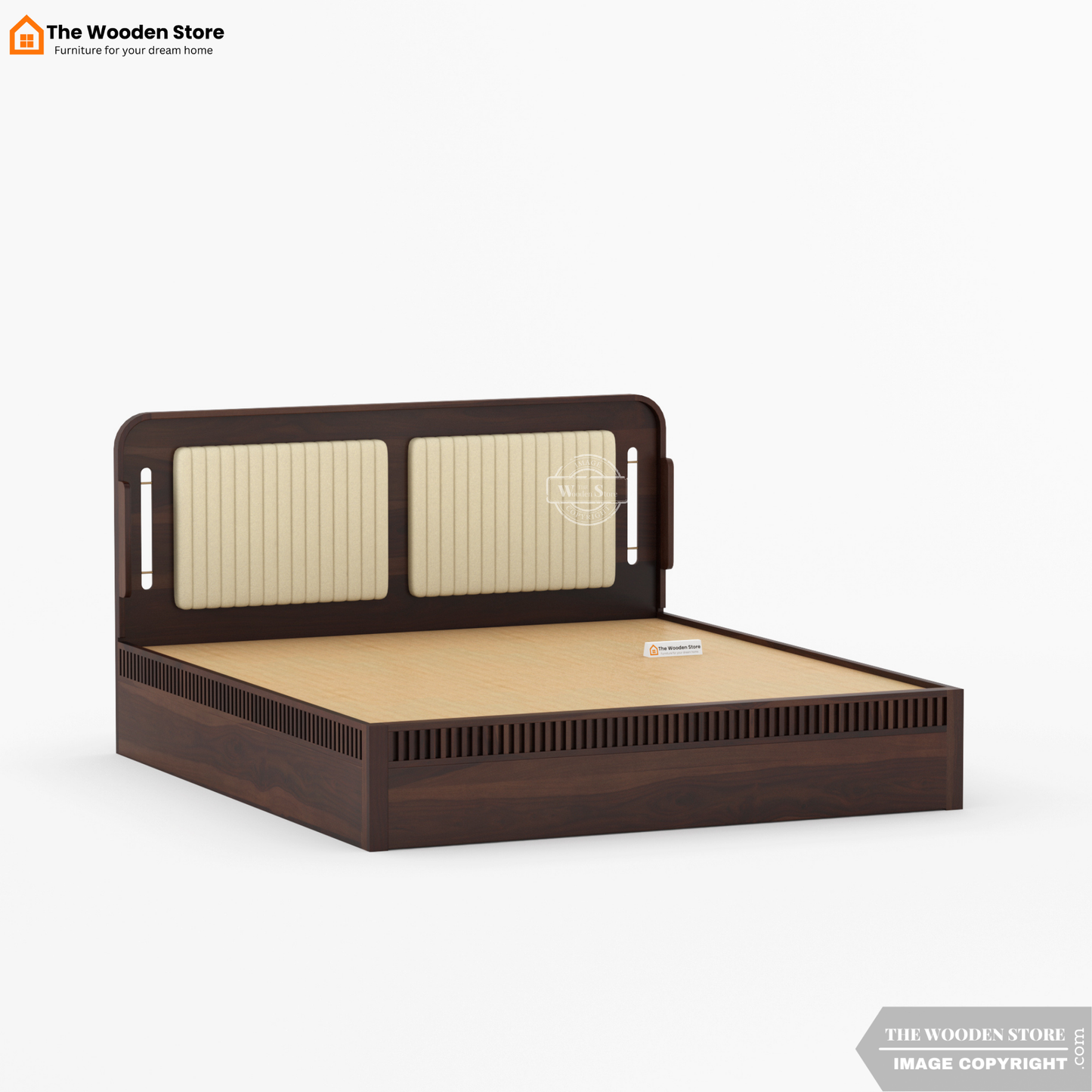 Liam Upholstered Hydraulic Bed With Storage (King Size, Walnut Finish)