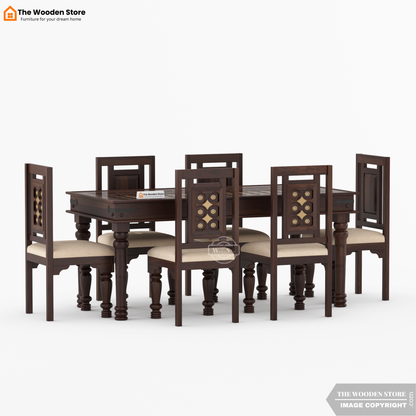Royal Brass and Tiles 6 Seater Dining Table Set (Walnut Finish)