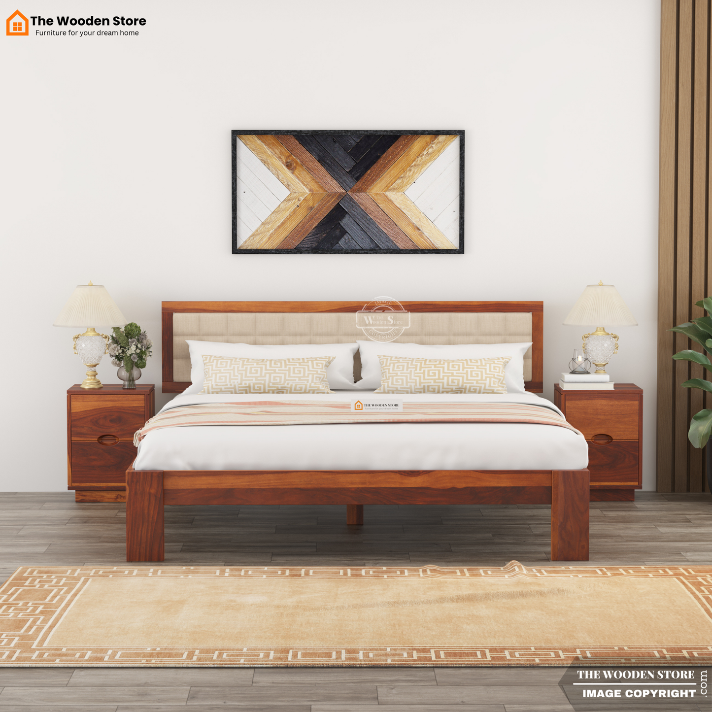 Halis Upholstered Bed without Storage (Queen Size, Honey Finish)
