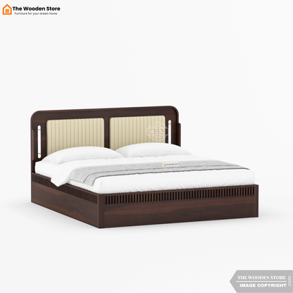 Liam Upholstered Hydraulic Bed With Storage (King Size, Walnut Finish)