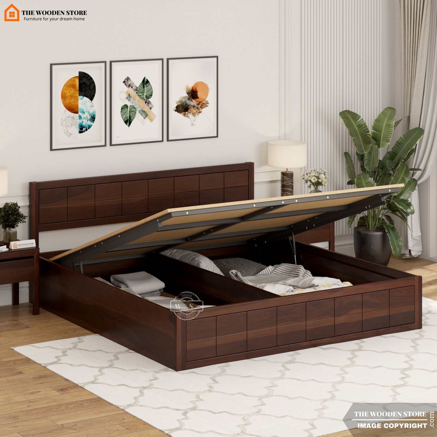 Bricks Hydraulic Bed With Storage (Queen Size, Walnut Finish)