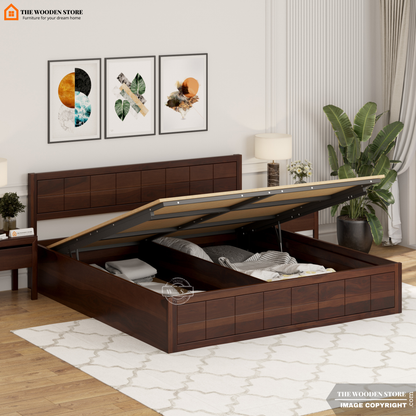 Bricks Hydraulic Bed With Storage (Queen Size, Walnut Finish)