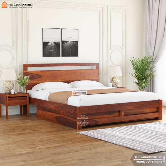 Brodey Bed With Drawer Storage ( King Size, Honey Finish )
