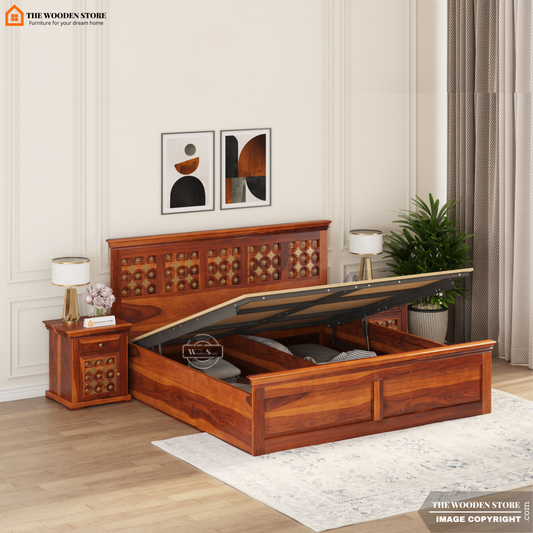 Indi Brass Hydraulic Bed With Storage (Queen Size, Honey Finish)