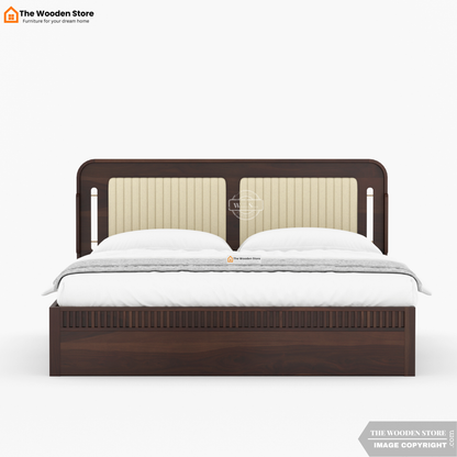 Liam Upholstered Hydraulic Bed With Storage (King Size, Walnut Finish)