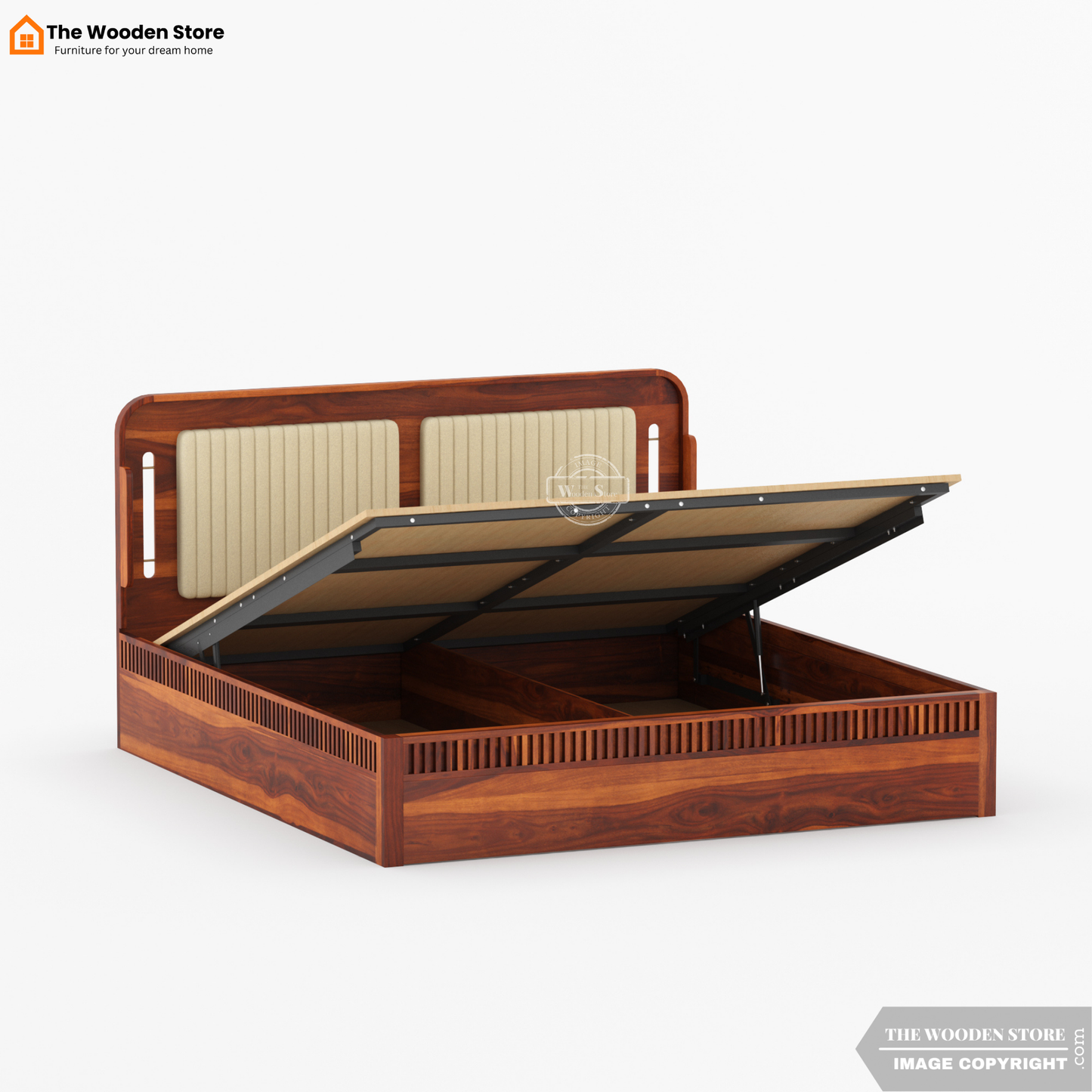Liam Upholstered Hydraulic Bed With Storage (King Size, Honey Finish)