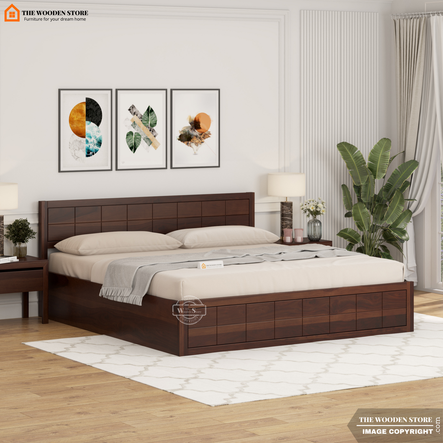 Bricks Hydraulic Bed With Storage (Queen Size, Walnut Finish)