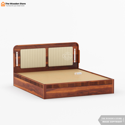Liam Upholstered Hydraulic Bed With Storage (King Size, Honey Finish)