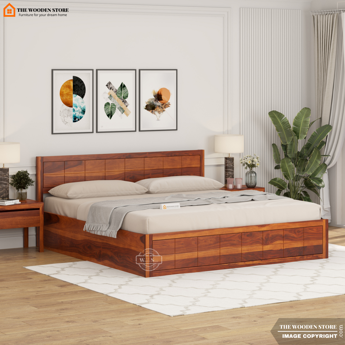 Bricks Hydraulic Bed With Storage (King Size, Honey Finish)
