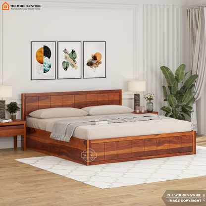 Bricks Hydraulic Bed With Storage (King Size, Honey Finish)
