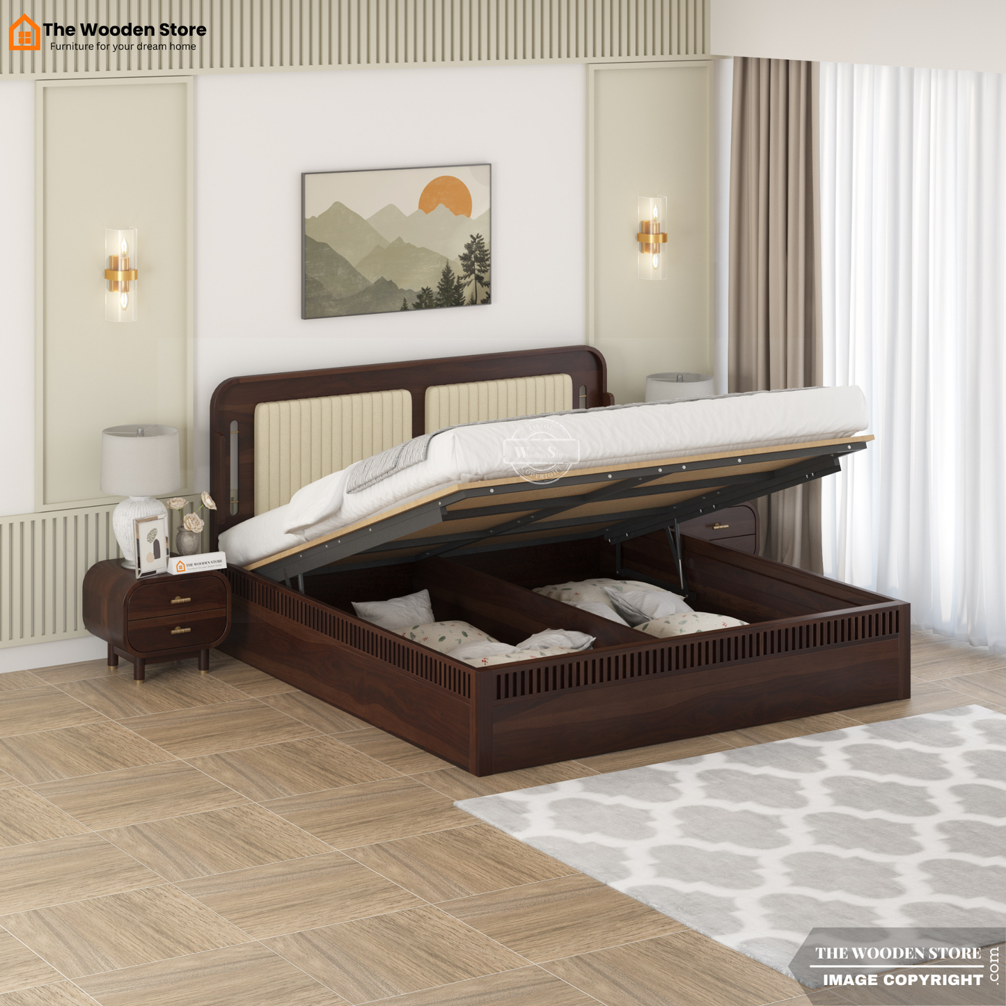 Liam Upholstered Hydraulic Bed With Storage (King Size, Walnut Finish)
