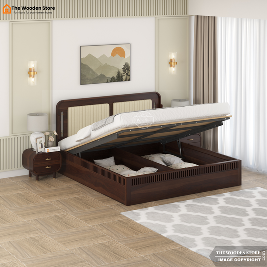 Liam Upholstered Hydraulic Bed With Storage (King Size, Walnut Finish)