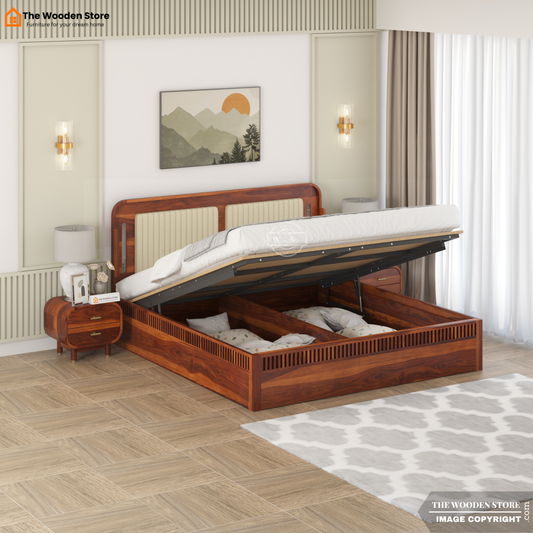 Liam Upholstered Hydraulic Bed With Storage (King Size, Honey Finish)