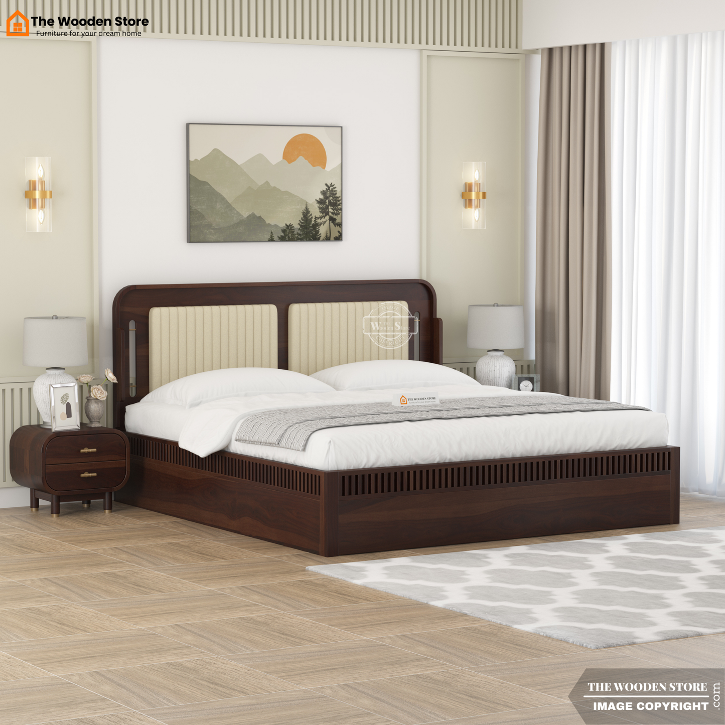 Liam Upholstered Hydraulic Bed With Storage (King Size, Walnut Finish)