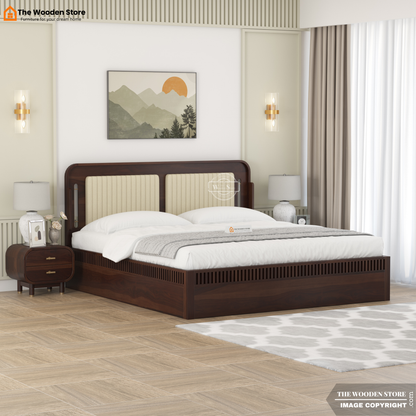 Liam Upholstered Hydraulic Bed With Storage (King Size, Walnut Finish)
