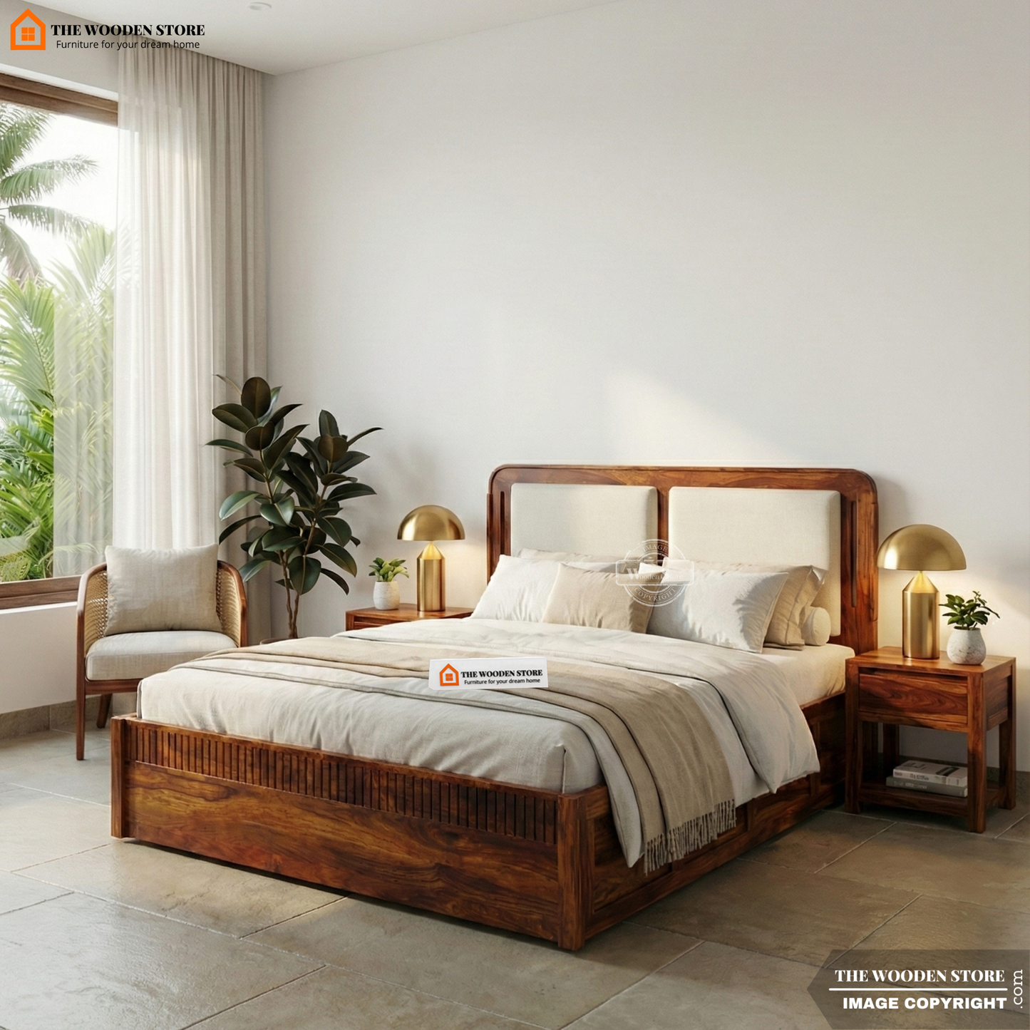 Liam Bed With Box Storage (Queen Size, Honey Finish)