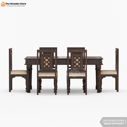 Royal Brass and Tiles 6 Seater Dining Table Set (Walnut Finish)