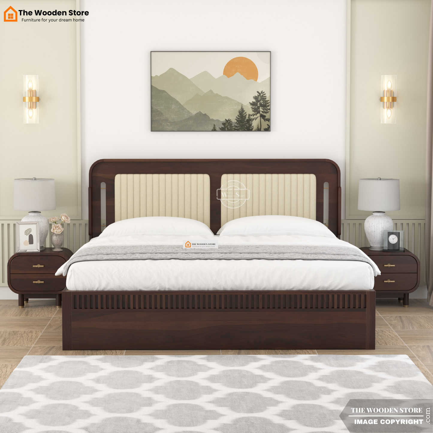 Liam Upholstered Hydraulic Bed With Storage (King Size, Walnut Finish)
