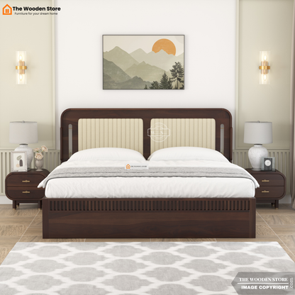 Liam Upholstered Hydraulic Bed With Storage (King Size, Walnut Finish)